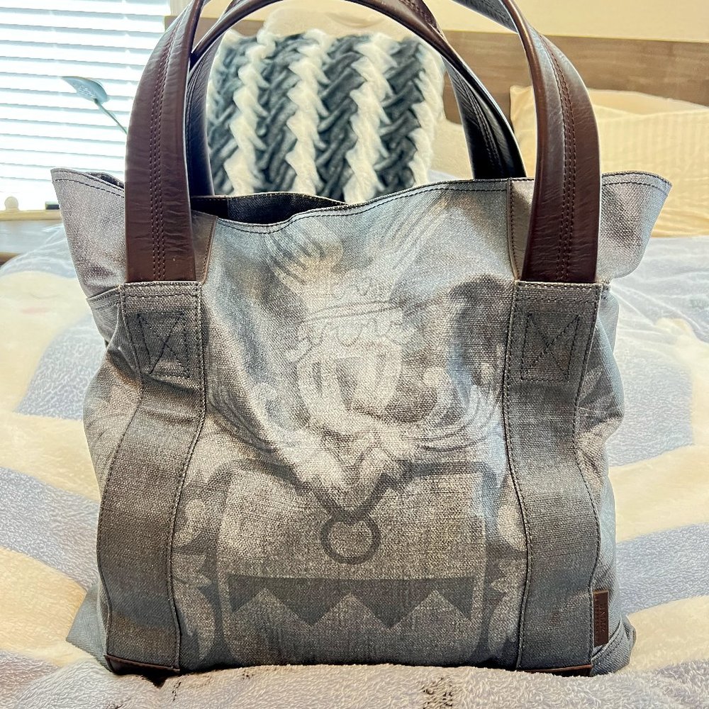 $1649 Authentic BALLY Made in SWITZERLAND Unisex Blue Canvas Brown Leather Totes